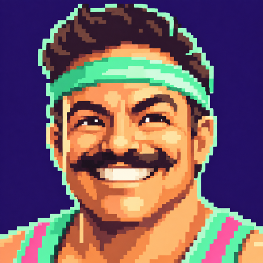 Gio, a smiling pixel-art coach with a green headband and a mighty mustache.