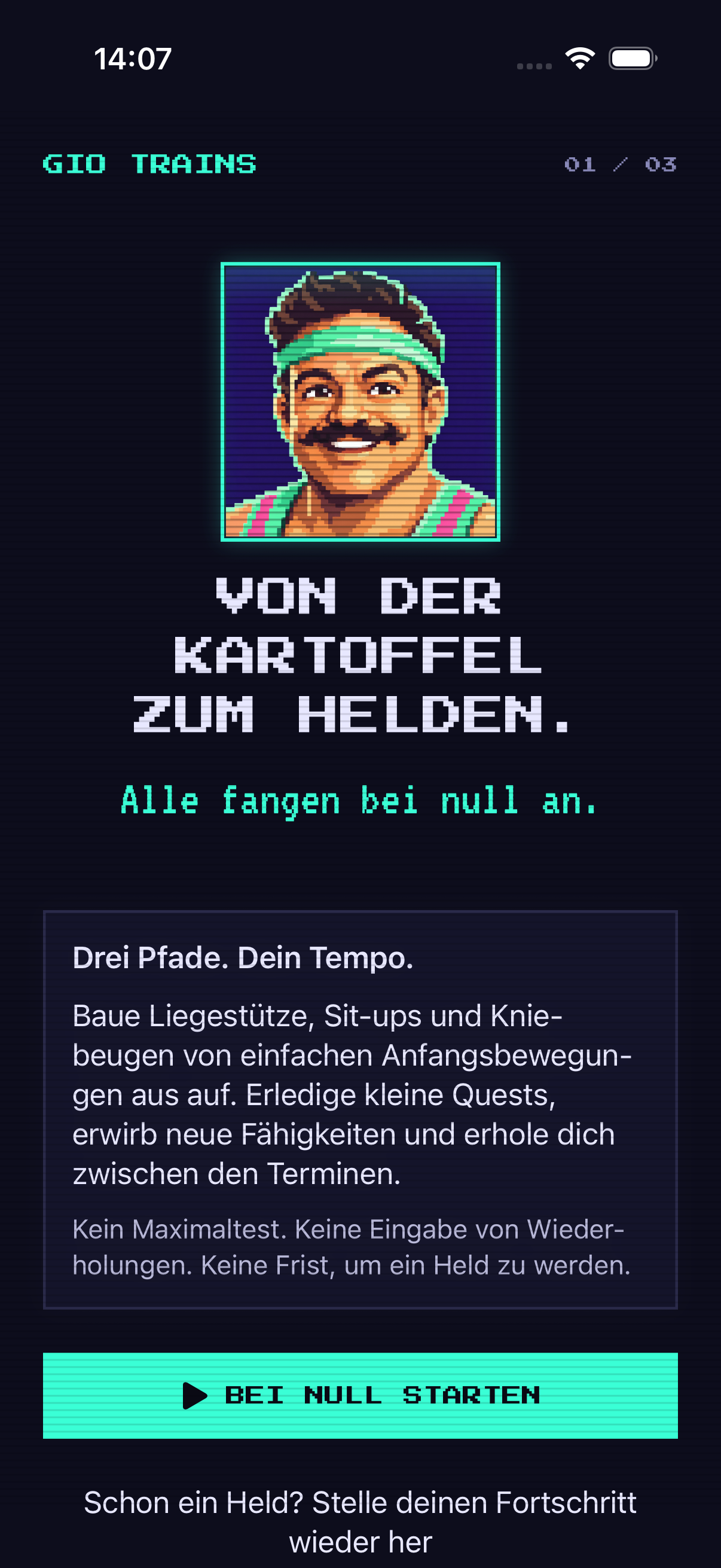 Einführungsbildschirm von Gio Trains mit den drei Übungspfaden.