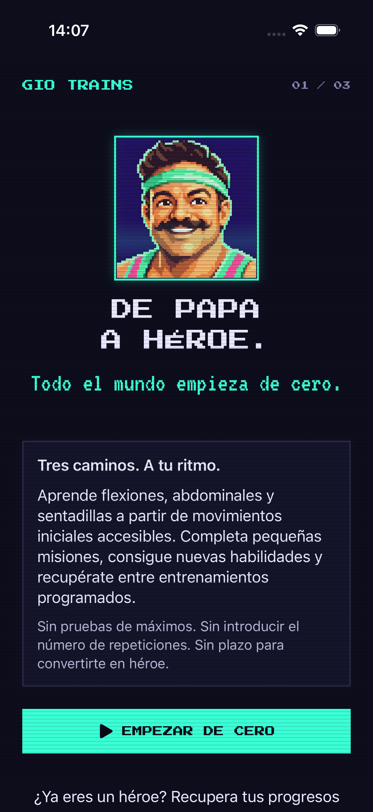 Pantalla de bienvenida de Gio Trains que presenta los tres caminos de ejercicio.
