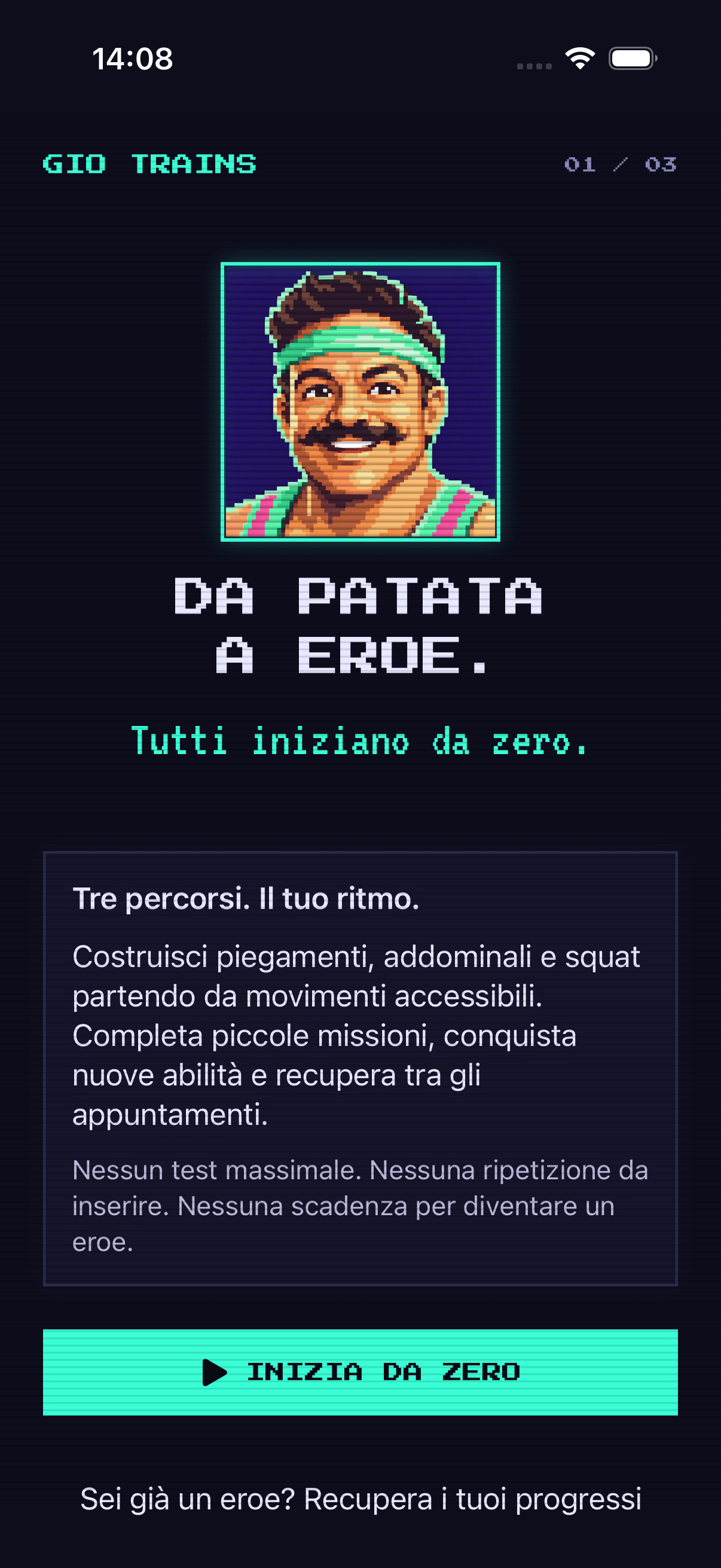 Schermata introduttiva di Gio Trains che presenta i tre percorsi di esercizi.