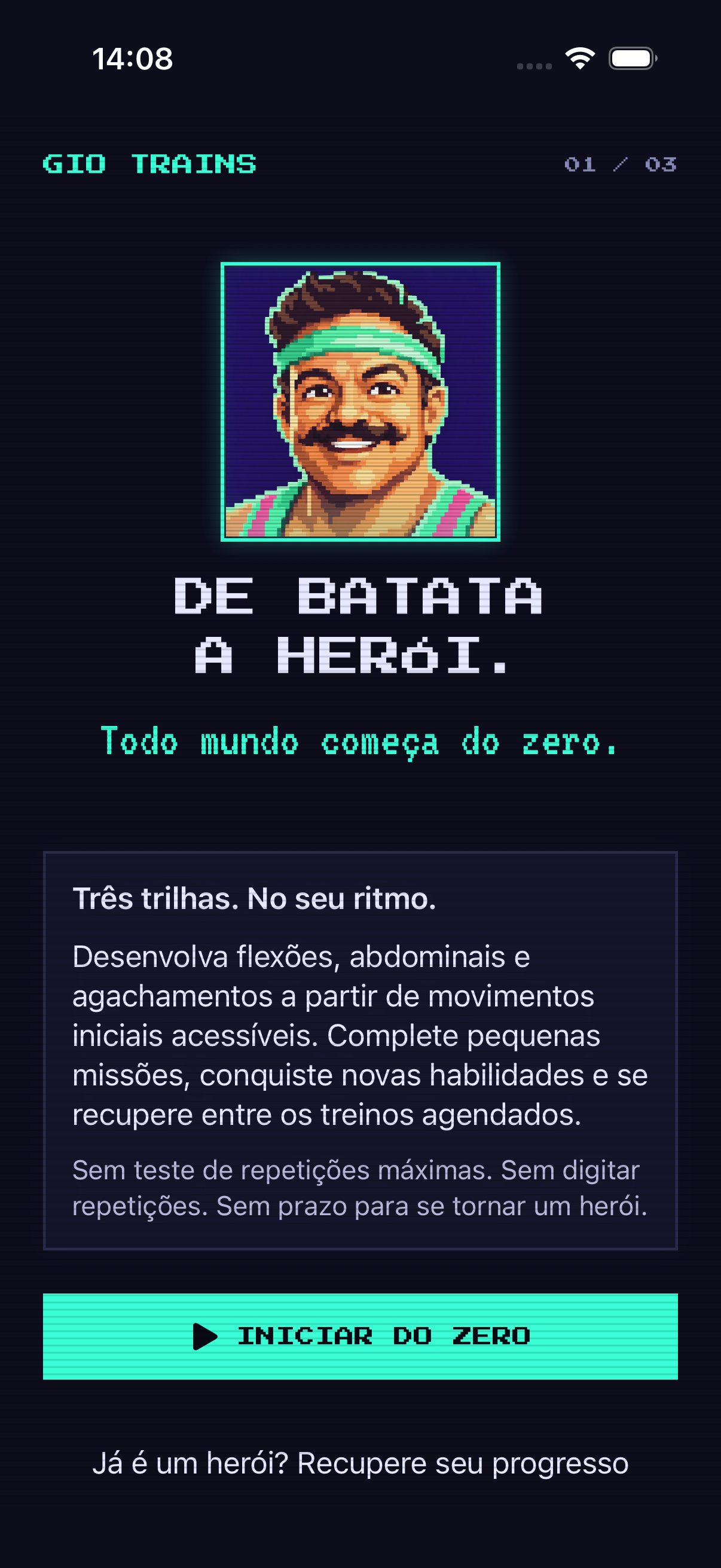 Tela de apresentação do Gio Trains mostrando as três trilhas de exercícios.
